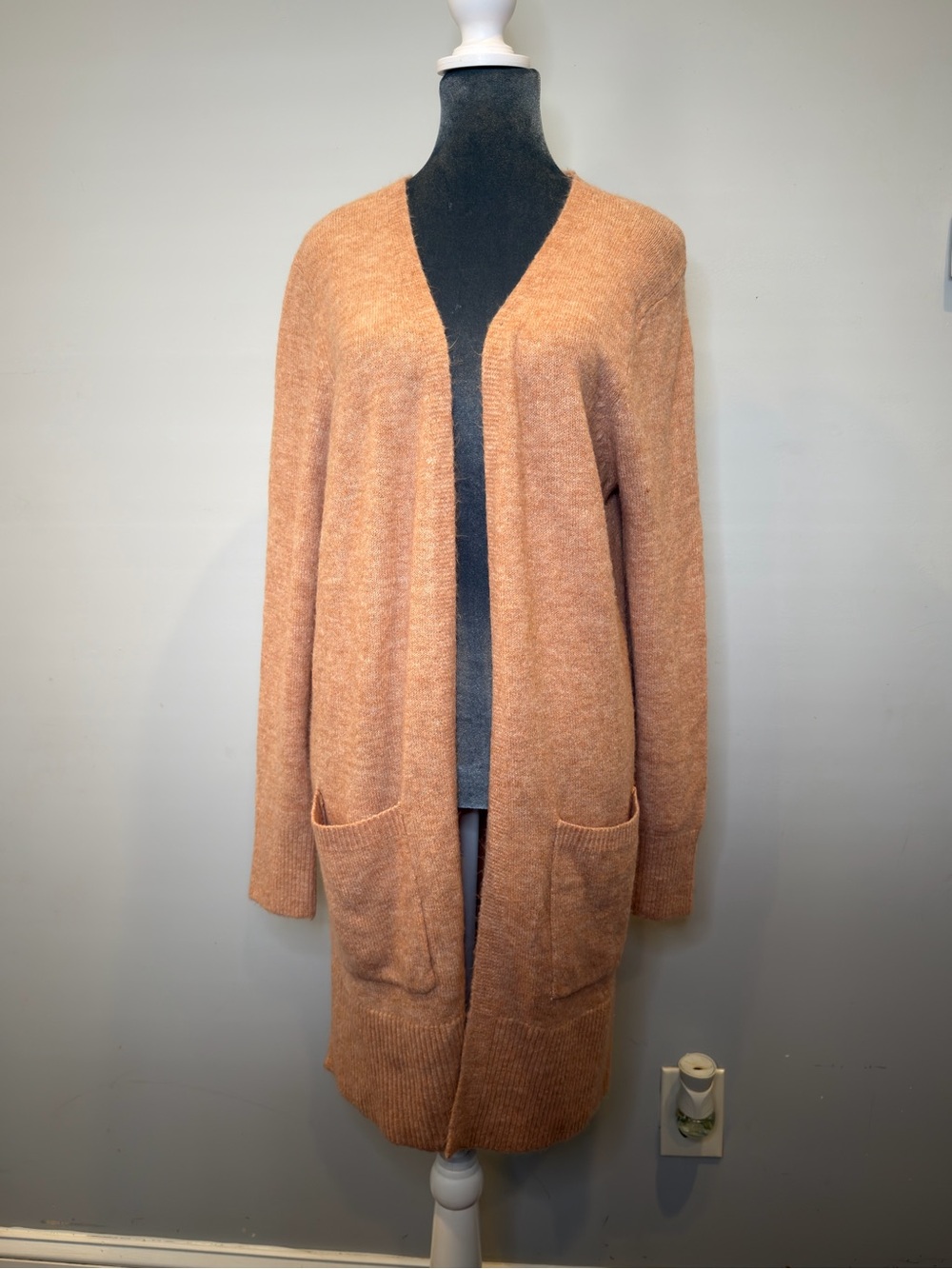 Open-Front Long Knit Cardigan in Rusty Peach